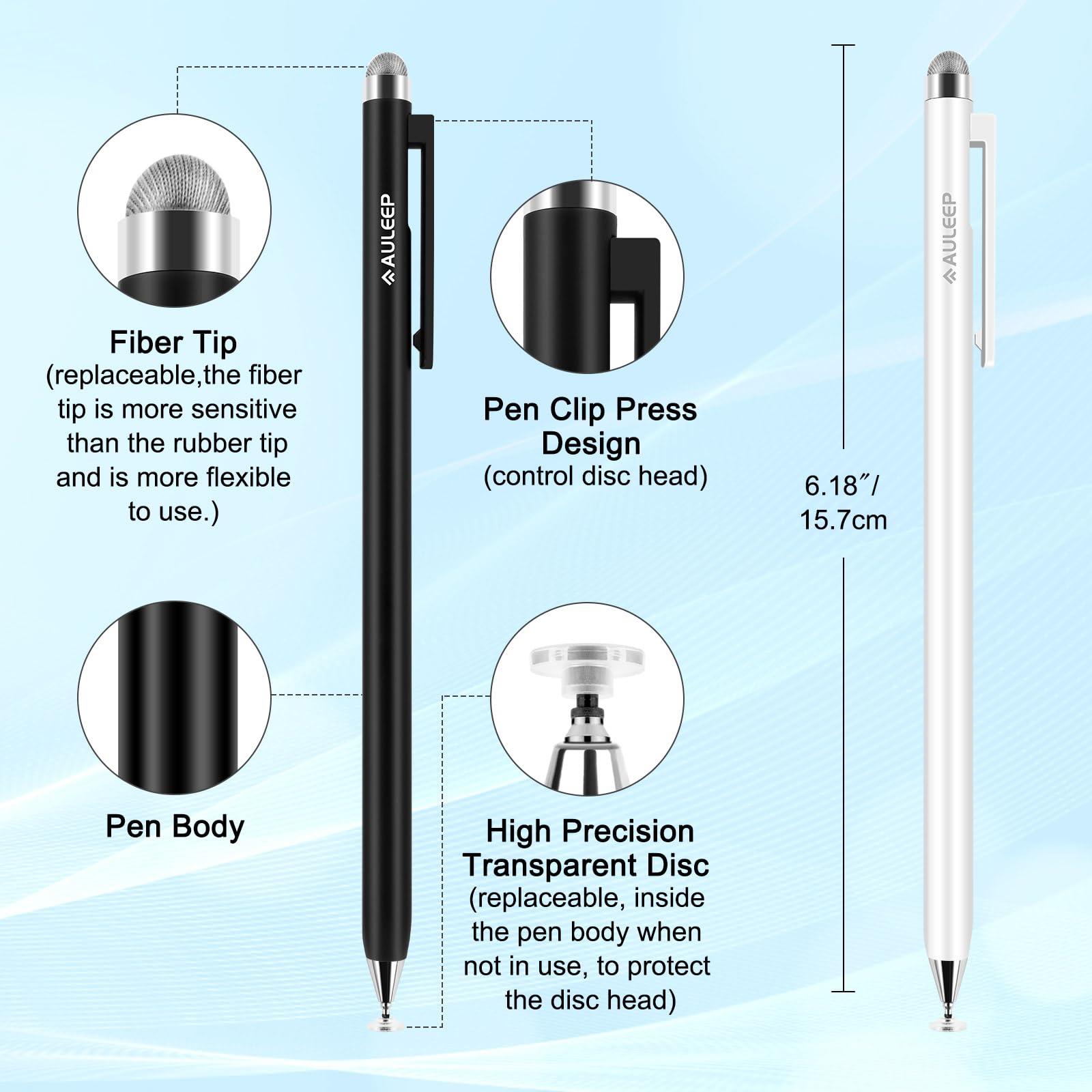 AULEEP 2 in 1 Stylus (Fiber & Disc Tip) Stylus Pens for Touchscreen, High Sensitivity & Precision Capacitive Stylus Pencil for All Touchscreens & Tablets/iPhone/ipad/Samsung (2 Pack-Black/White)