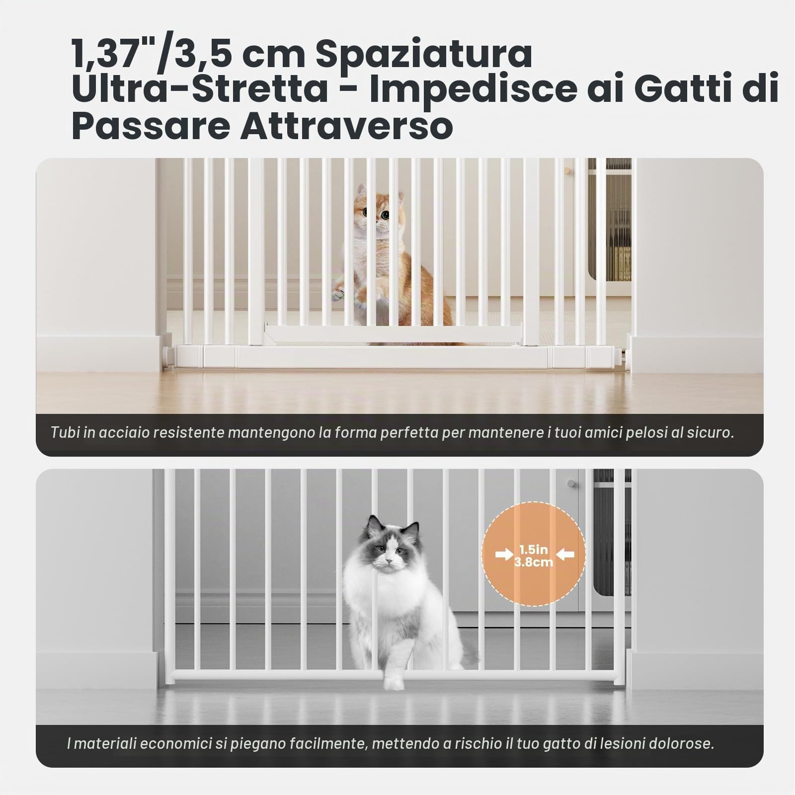 Gardner Pet Cancello per Gatti Extra Alto 130-221 cm, Bianco | Largo regolabile 70-94 cm, Senza Foratura, Montaggio a Pressione, per Scale, Porte, Monolocali, Cucina