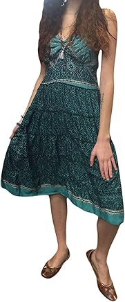 Womens Blue Sundress Vintage Recycled Sari Printed Spaghetti Strap Resort Summer Dresses S/M