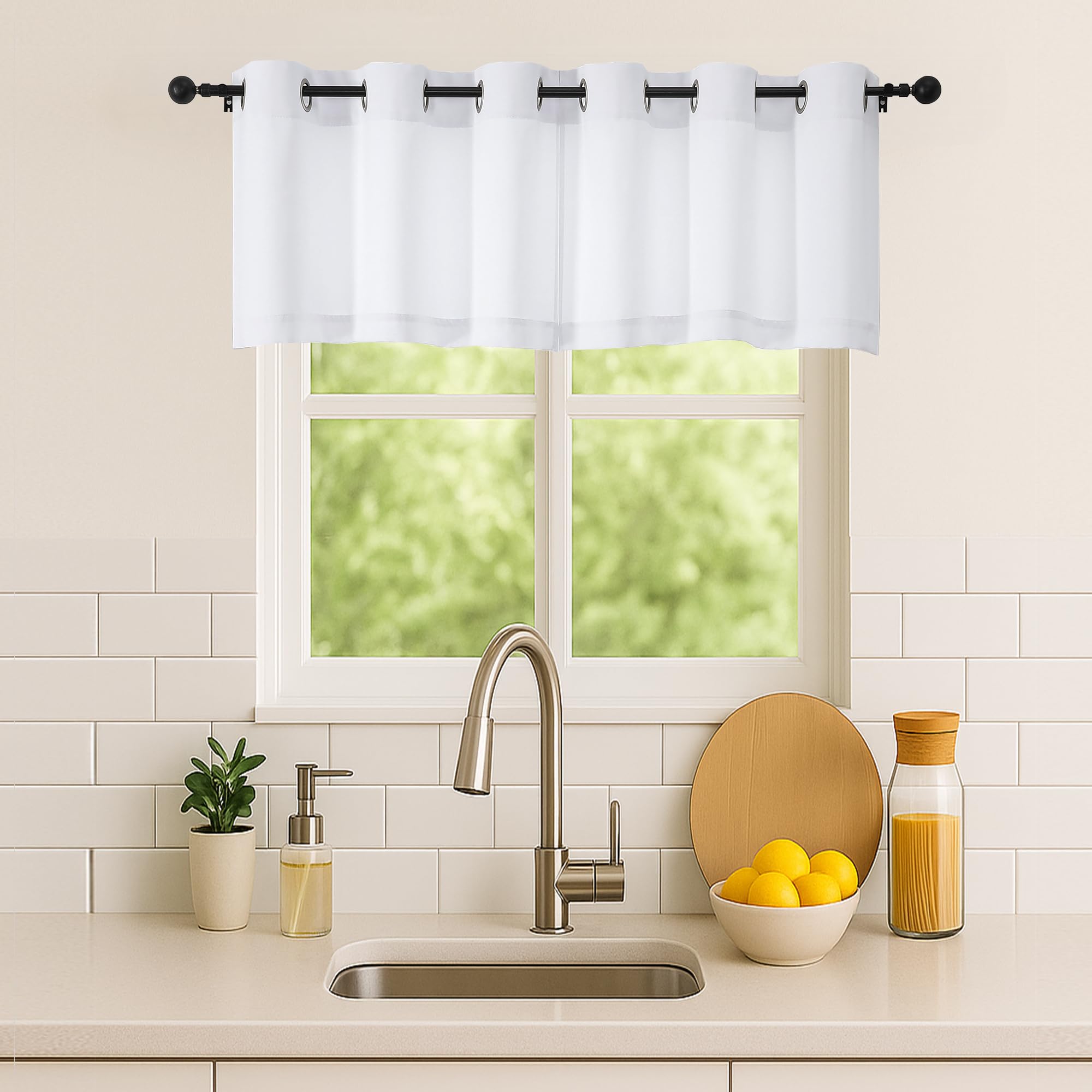 Simplebrand Pure White Kitchen Valances for Windows 18 Inches Long 2 pack, Light Filtering Window Valances for Living Room, Grommet Short Straight Drape Kitchen Curtains for Bedroom Kids Room, 40Wx18L