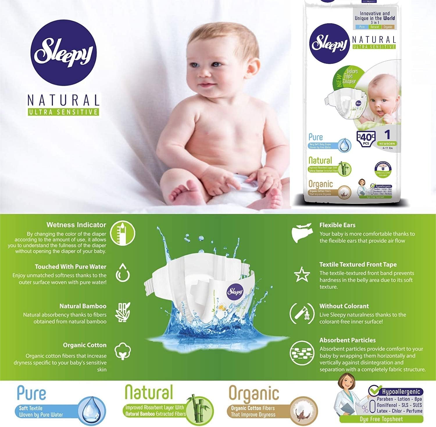 SOHO|Sleepy Natural Baby Diapers, Made from Organic Cotton and Bamboo Extract, Ultimate Comfort and Dryness, Disposable Diapers (Size 1 | 40 Count | Child Weight 4-11 lbs)