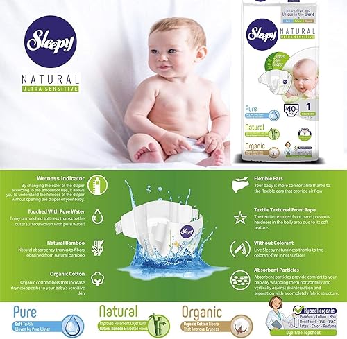 Miniatura 4 de SOHOPañales para bebé Sleepy Natural, hechos de algodón orgánico y extracto de bambú, máxima comodidad y sequedad, pañales desechables (talla 1  40