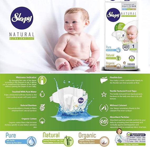 SOHO|Sleepy Natural Baby Diapers, Made from Organic Cotton and Bamboo Extract, Ultimate Comfort and Dryness, Disposable Diapers (Size 1 | 40 Count | Child Weight 4-11 lbs)