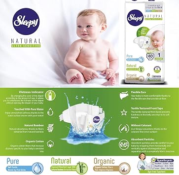 SOHO|Sleepy Natural Baby Diapers, Made from Organic Cotton and Bamboo Extract, Ultimate Comfort and Dryness, Disposable Diapers (Size 1 | 40 Count | Child Weight 4-11 lbs)