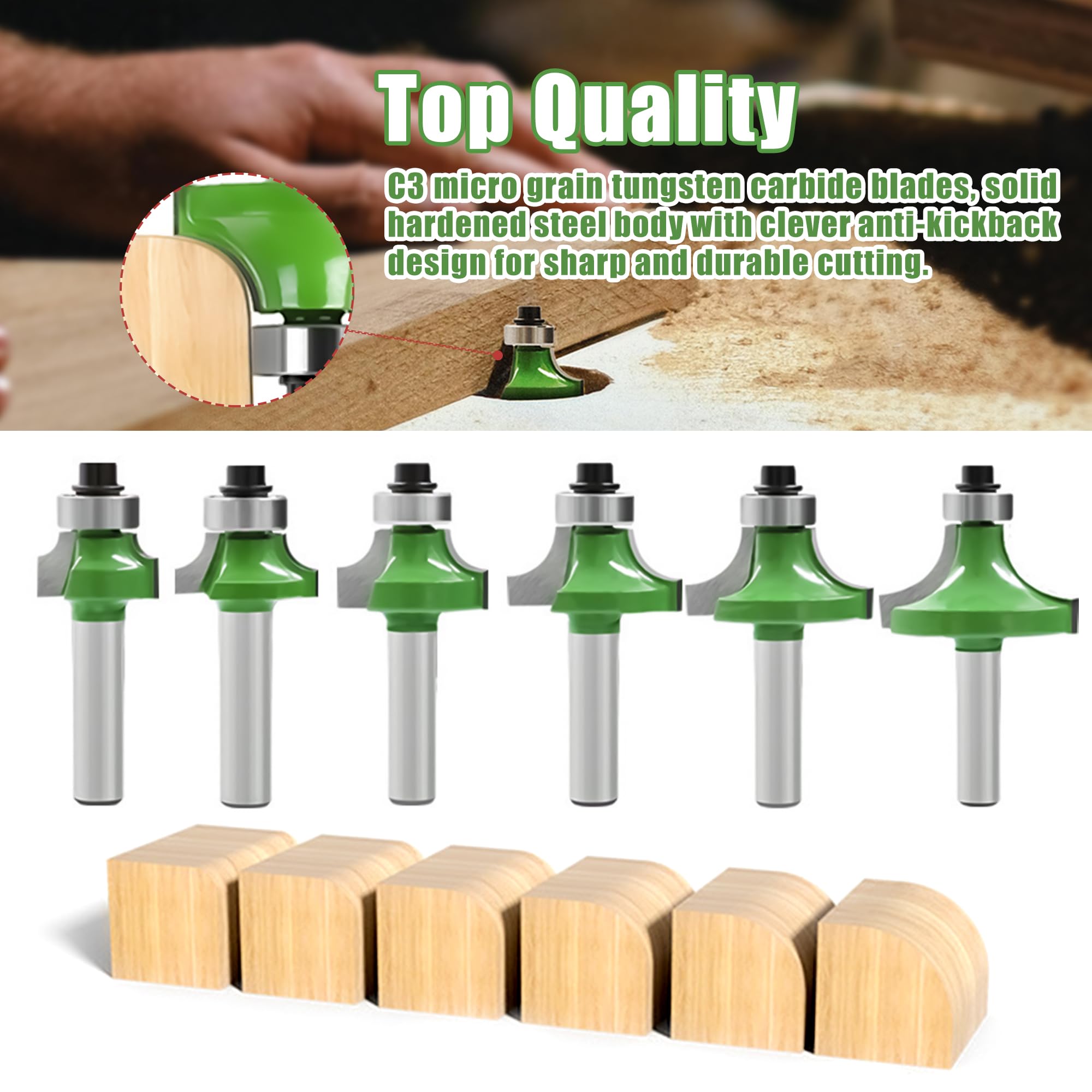 Sinoprotools Set di 7 frese rotonde e trimestre, fusto da 8 mm, fresa rotonda e fresa a raggio, fresatrice per bordi/tavolo per fresatura, raggio 2 3 4 5 6 8 10 (set da 7 pezzi