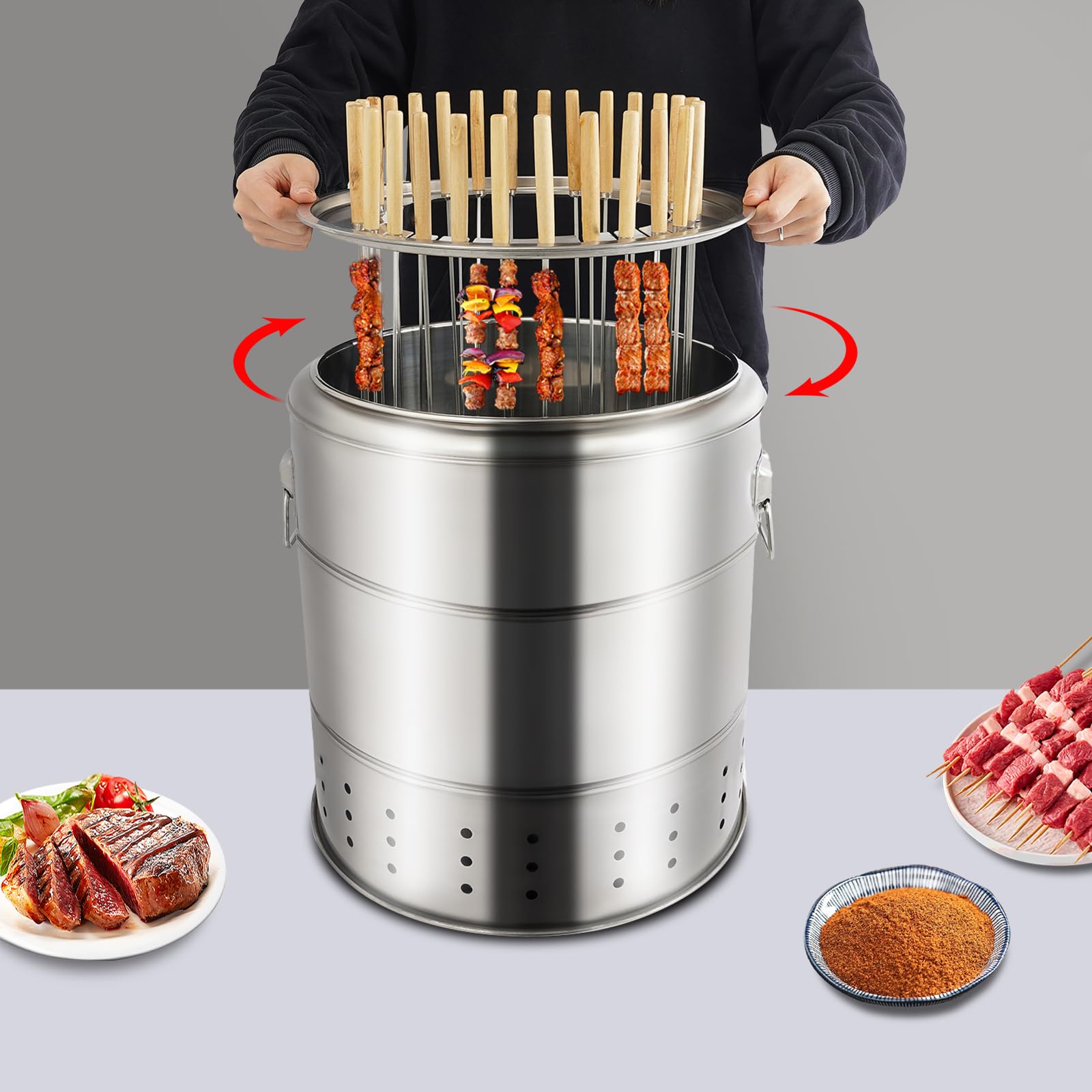 Griglia portatile a carbone in acciaio inossidabile senza fumo Affumicatore verticale a 360° for 6-10 persone barbecue all'aperto campeggio