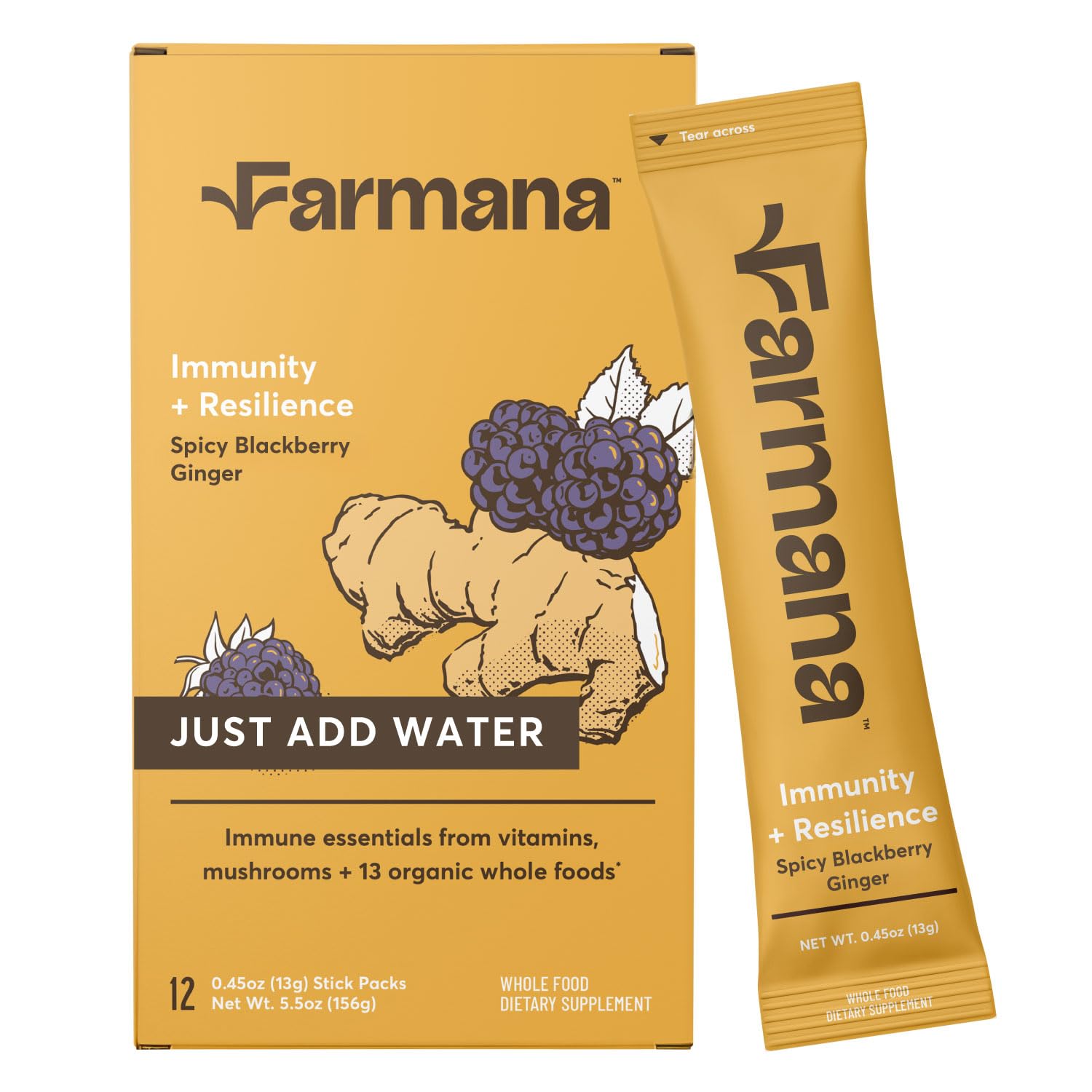 Farmana Suplemento em pó para a imunidade com vitamina C 1000 mg, vitamina D3 2500 UI e zinco sabor amora picante com gengibre e pimenta-caiena, 12 sachês
