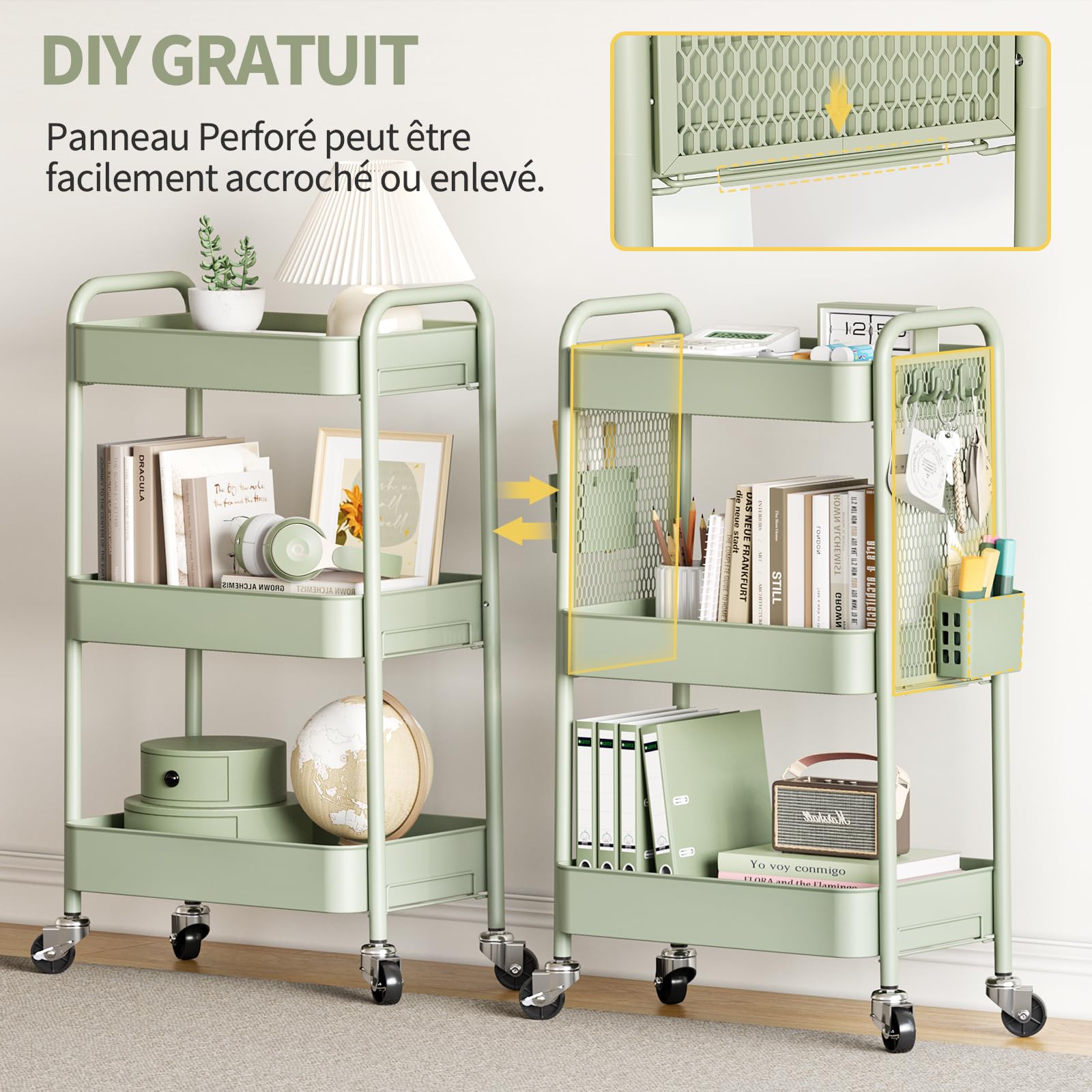 Urackify Chariot de Rangement à roulettes 3 Niveaux avec Boîtes Suspendues et Crochets - Chariot Rangement Roulette Multifonction pour Cuisine, Salle de Bain, Buanderie -Vert