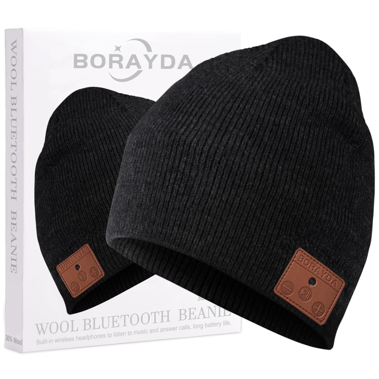 BORAYDA Merino Wool Bluetooth Beanie, HD Stereo,30 Hours Play Time,Built-in Microphone, Men's/Women's Christmas Electronic Gift (Black)