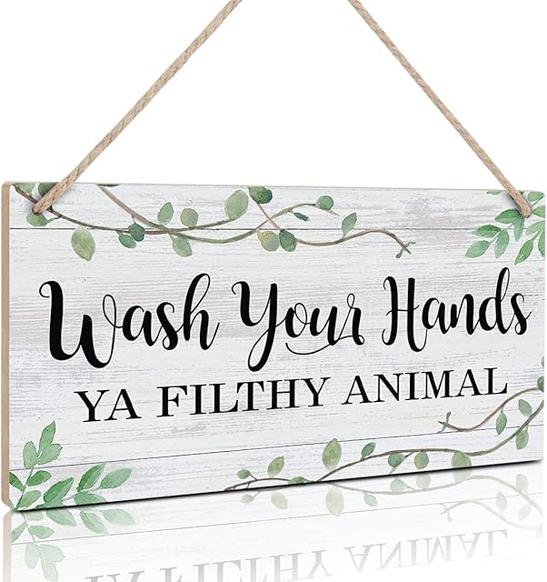 TOARTi Bathroom Sign,Wash Your Hands Ya Filthy Animal Wall Decor,Funny Bathroom Wooden Hanging Wall Art, Green Plant Wood Plaques For Toilet Washroom Decor Home Gift(6''x 11'',Ready to Hang)