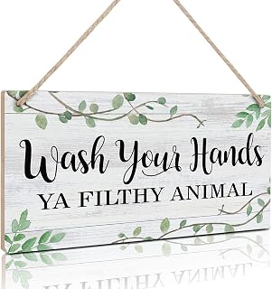 TOARTi Bathroom Sign,Wash Your Hands Ya Filthy Animal Wall Decor,Funny Bathroom Wooden Hanging Wall Art, Green Plant Wood Plaques For Toilet Washroom Decor Home Gift(6''x 11'',Ready to Hang)