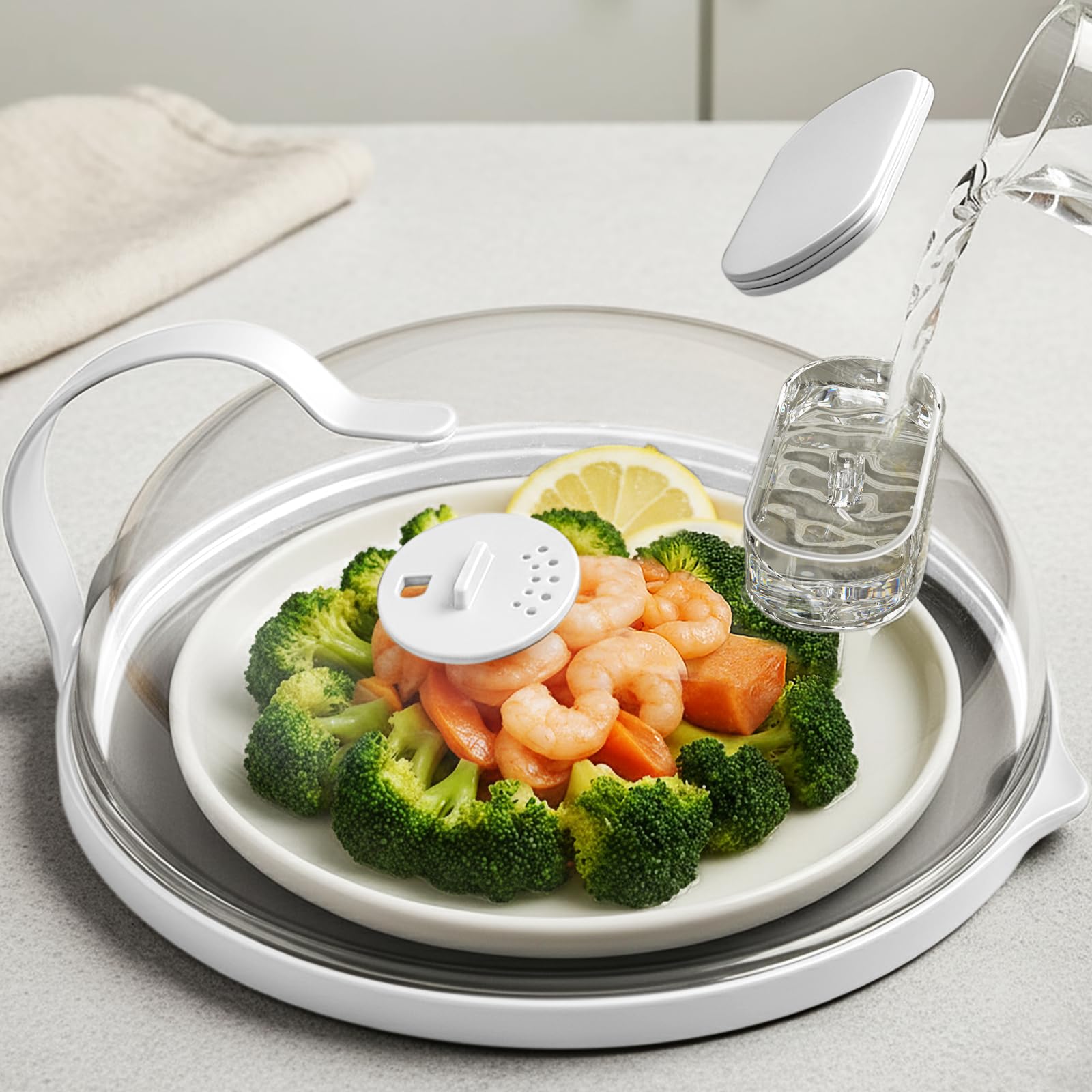 Microwave Splatter Cover with Water Steamer for Food - 10 Inch Steam Microwave Splatter Guard with Handle Splash Oven Lid with Built in Steamer Plate Covers for Heating Food - White