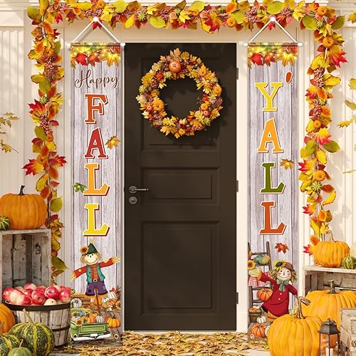 Cartel colgante de Acción de Gracias para el porche con texto en inglés "Happy Fall Y'all", decoración de fiesta, espantapájaros, calabaza, cosecha disponible en Yaxa Peru