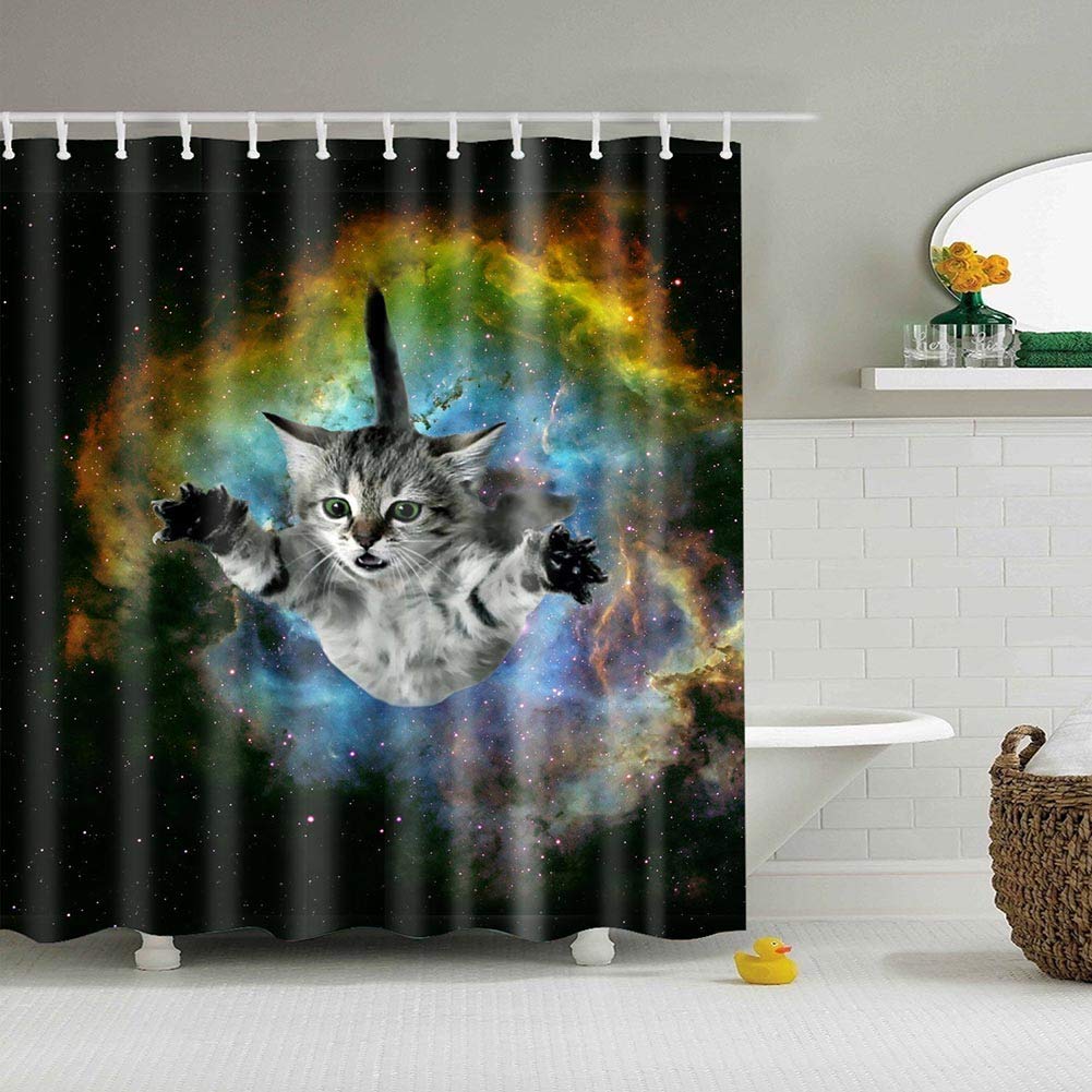BOYOUTH Cat in Space Pattern Digital Print Shower Curtains for Bathroom Decor,Polyester Waterproof Fabric Bath Curtain with 12 Hooks,70x70 Inches,Multicolor