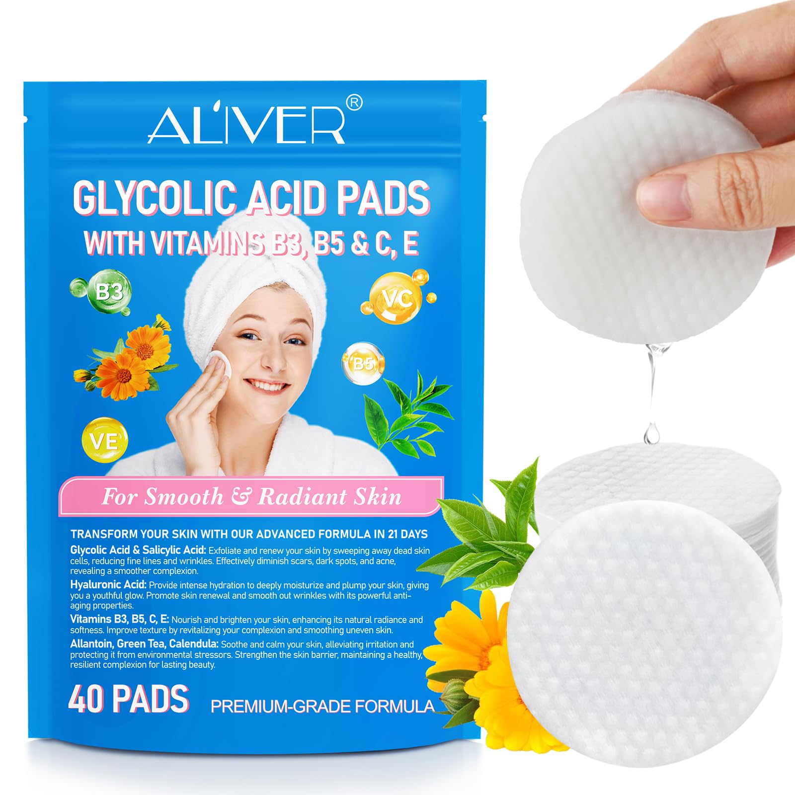 ALIVER Glycolic Acid Pads,Glycolic Acid Resurfacing Pads for Face and Body,Exfoliating Peel Pads, with Vitamins B, C & E,Reduces Fine Lines and Wrinkles,40 Count