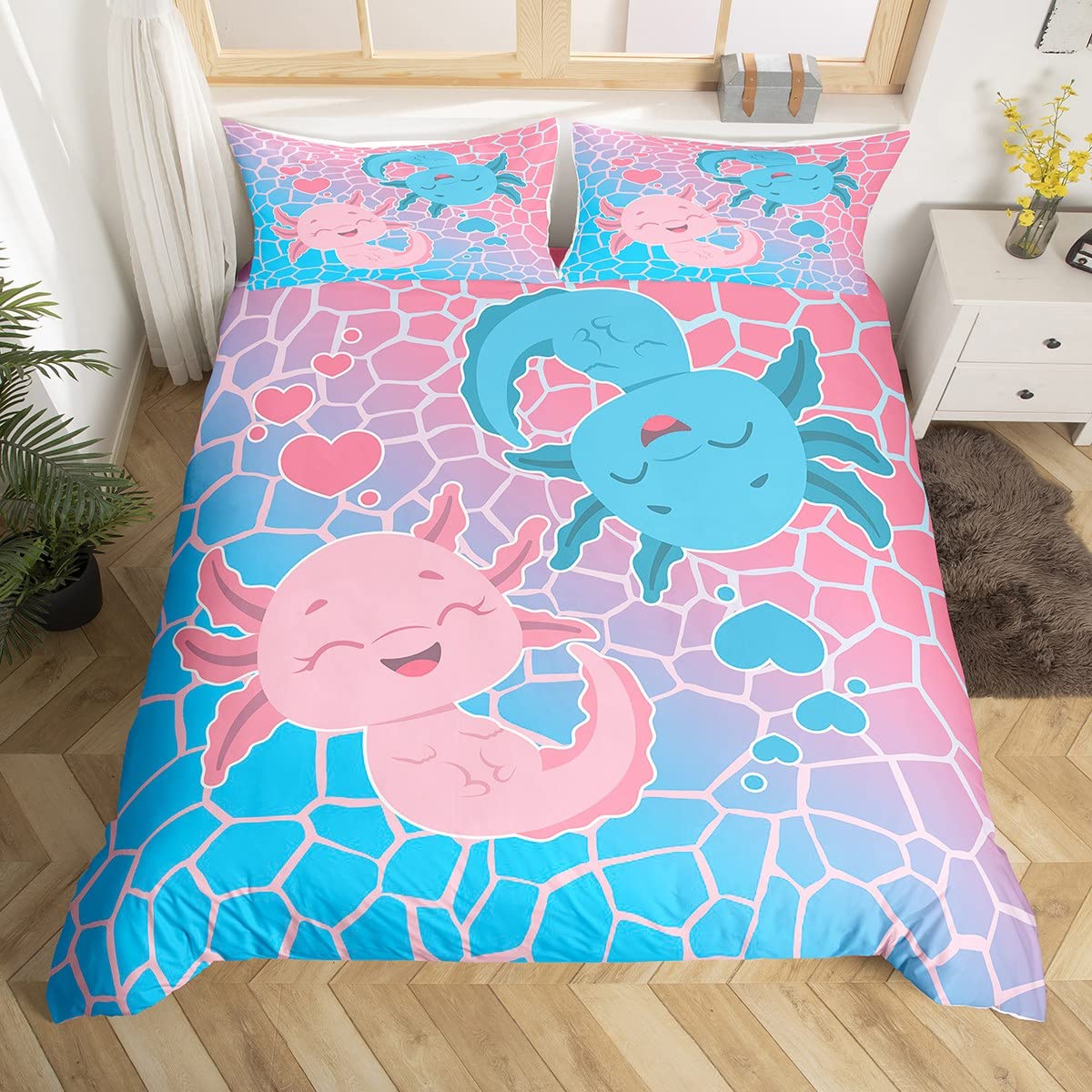 Housse de couette Axolotl Kawaii avec ses 2 taies d'oreiller au motif géométrique abstrait