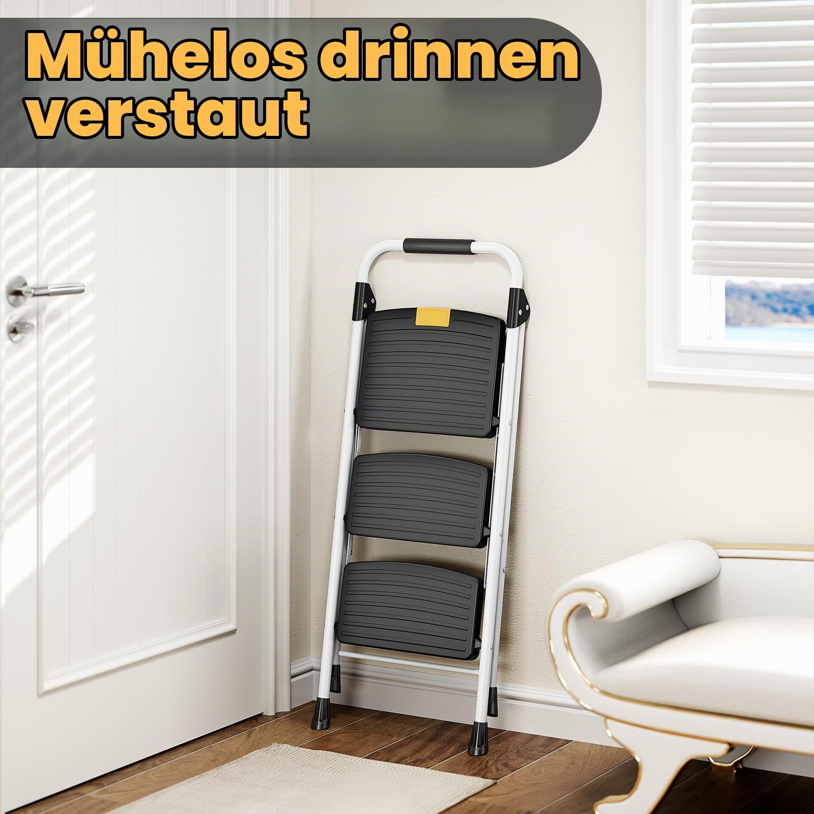 Urackify Trittleiter 3 Stufen Leiter Klappbar, Hochbelastbar bis 150kg, Sicherheitsschloss, rutschfeste breite Pedale, Handlauf, Kompakte Haushaltsleiter Stufenleiter für Haushalt, Küche, Büro, Weiß | Sicherheitsschloss, rutschfeste, breite Pedale, Handla