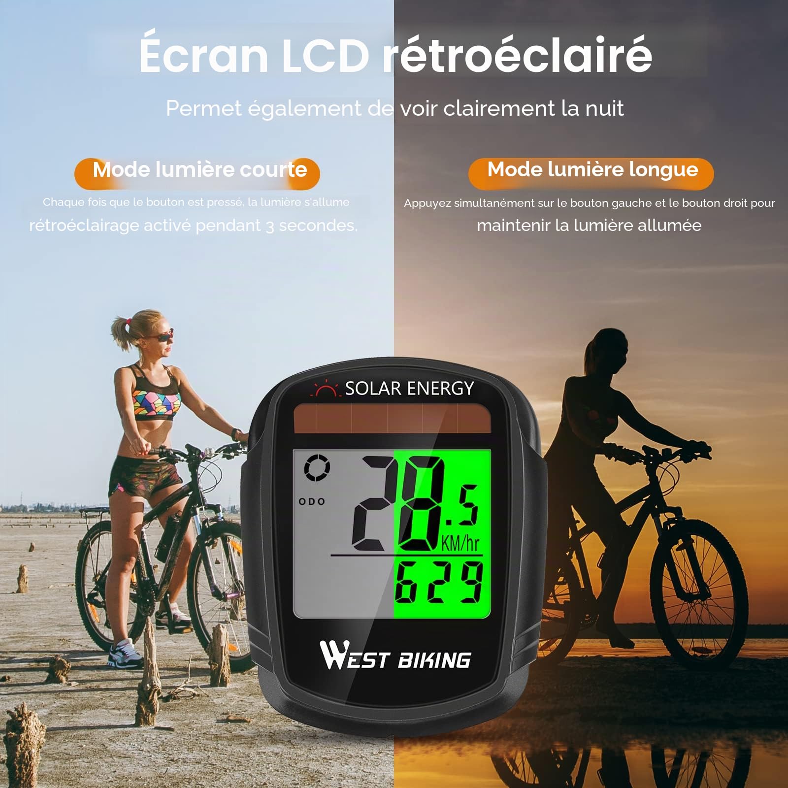Compteur de vélo avec Compteur de Vitesse et odomètre à énergie Solaire sans Fil étanche LCD rétro-éclairage Automatique et Multifonction