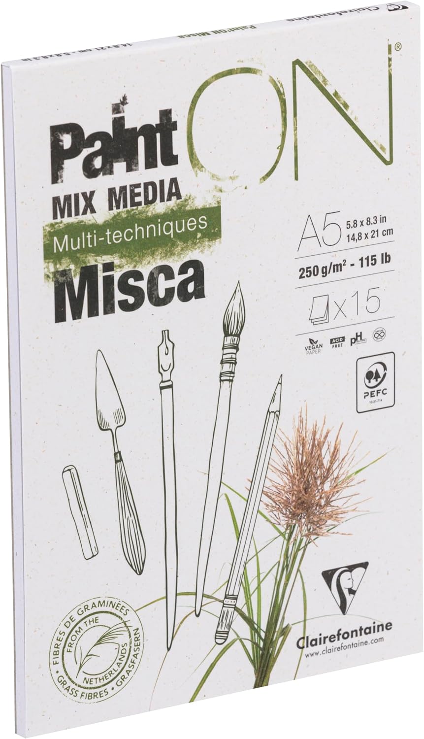 Clairefontaine PaintON 976120C Multi-Technical Glued Pad – 15 Sheets of Multi-Technical Drawing Paper with Slightly Rough Grain – A5 14.8 x 21 cm 250 g White