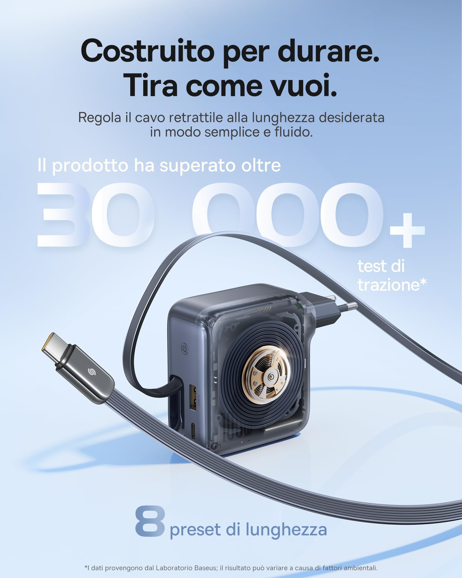 Baseus Enercore Caricatore USB C Da 100 W Con Cavo Estraibile, 3 Porte GaN, Caricatore Rapido PD Compatibile Con MacBook Pro Air, Dell, HP, iPad, iPhone 17/16/15/14 Pro Max Plus, Galaxy S25-S20 Ultra