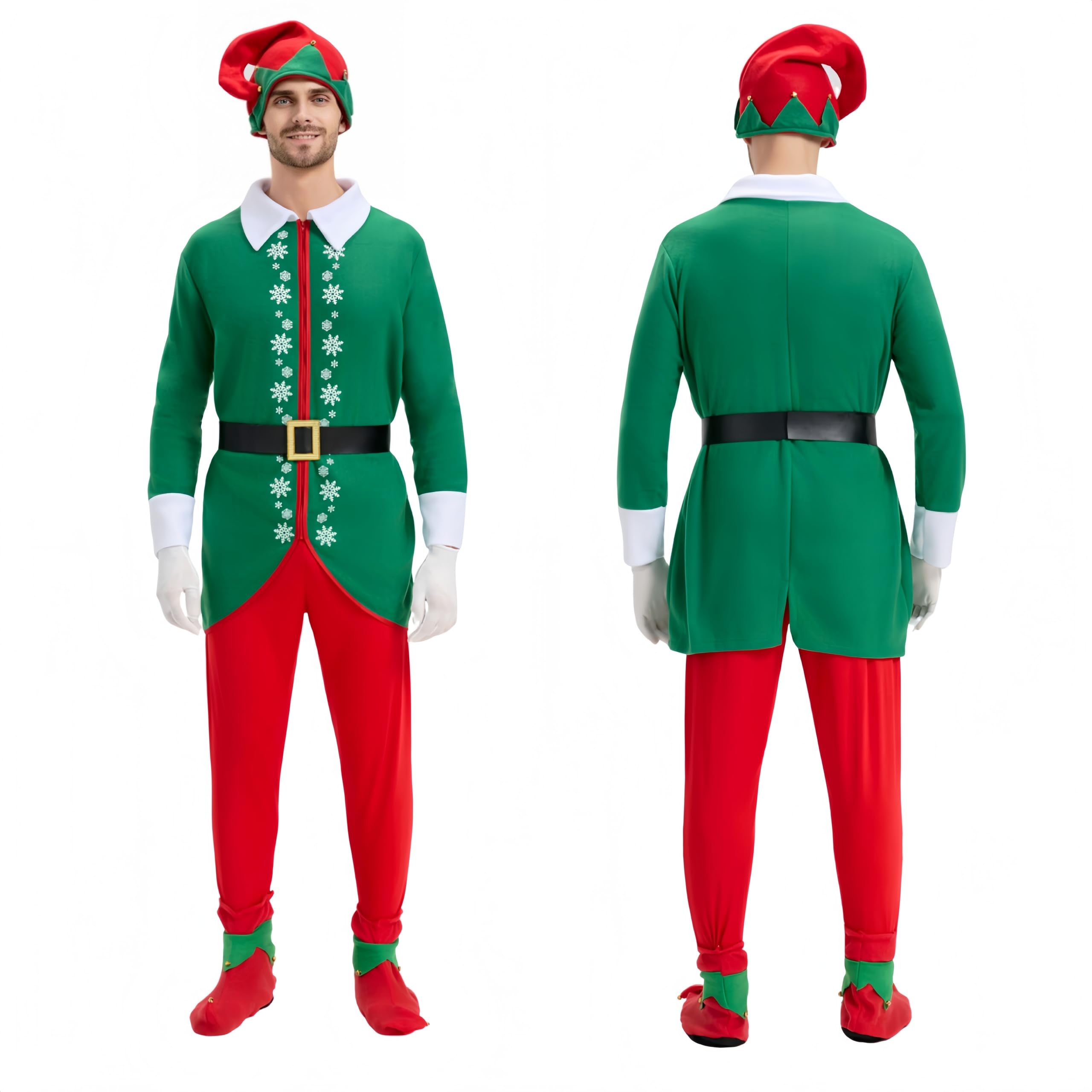 QiaoPkeb 6PCS Elf Costume for Men Christmas Coat Glove Hat Foot cover Pants Belt Deluxe Santa Suit Adult Costumes Holiday Cosplay (XL)