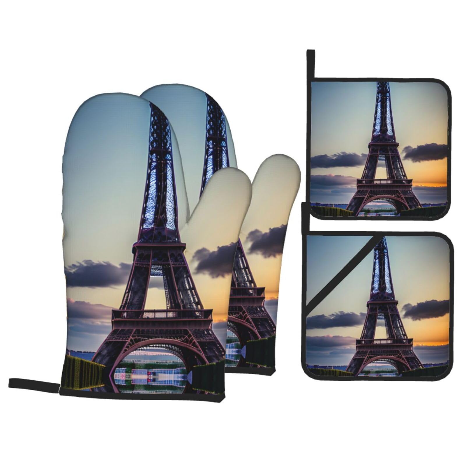 Eiffel Tower Print Stylish 4-Piece Microwaving Oven Waterproof Kitchen Gloves Baking Holiday Cooking