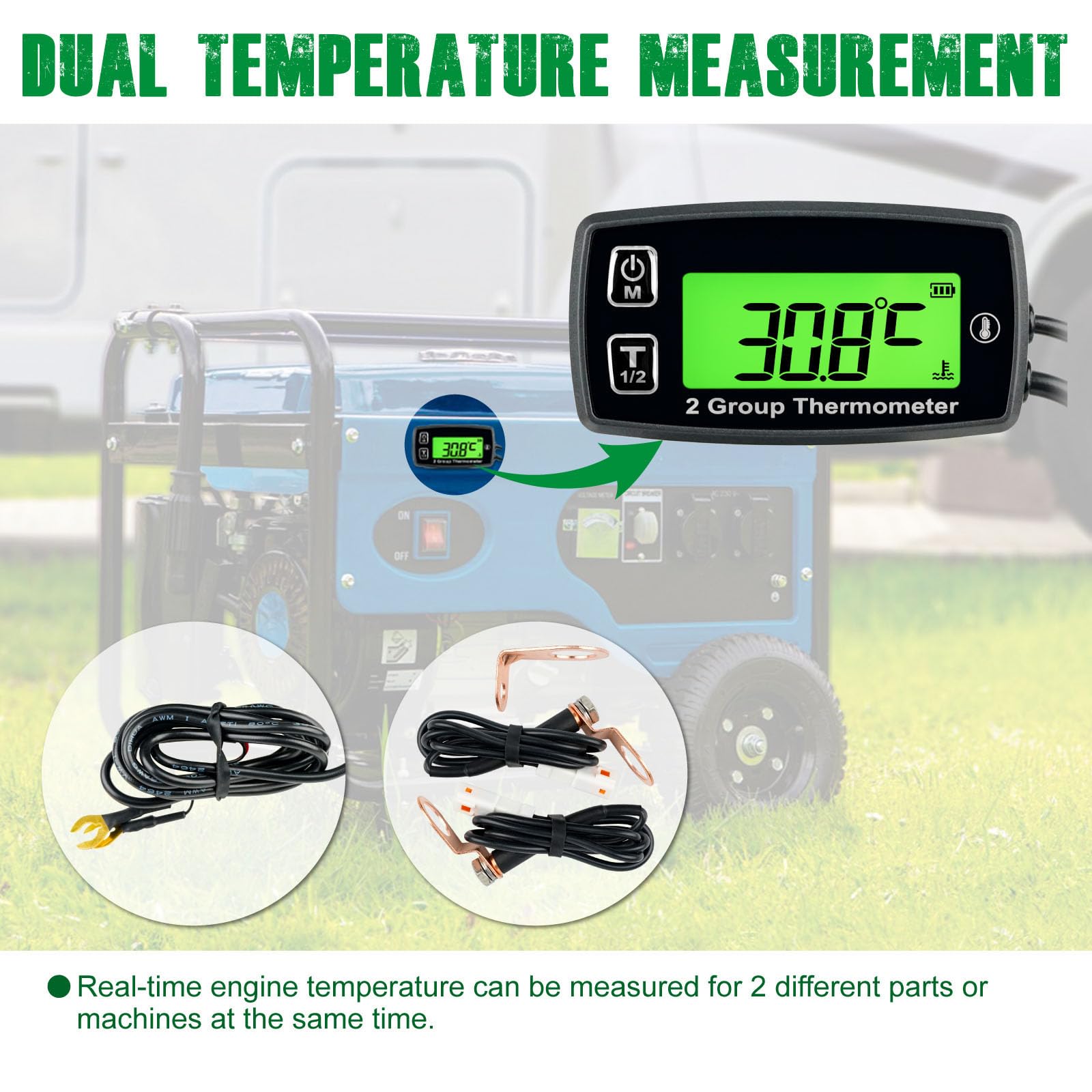 YOOREAL Digitale LCD Motore Temp Gauge, Doppia Registrazione Della Temperatura, Retroilluminazione Verde, Batteria e Alimentatore Esterno per Tosaerba Generatore Trattore Moto Dirtbike
