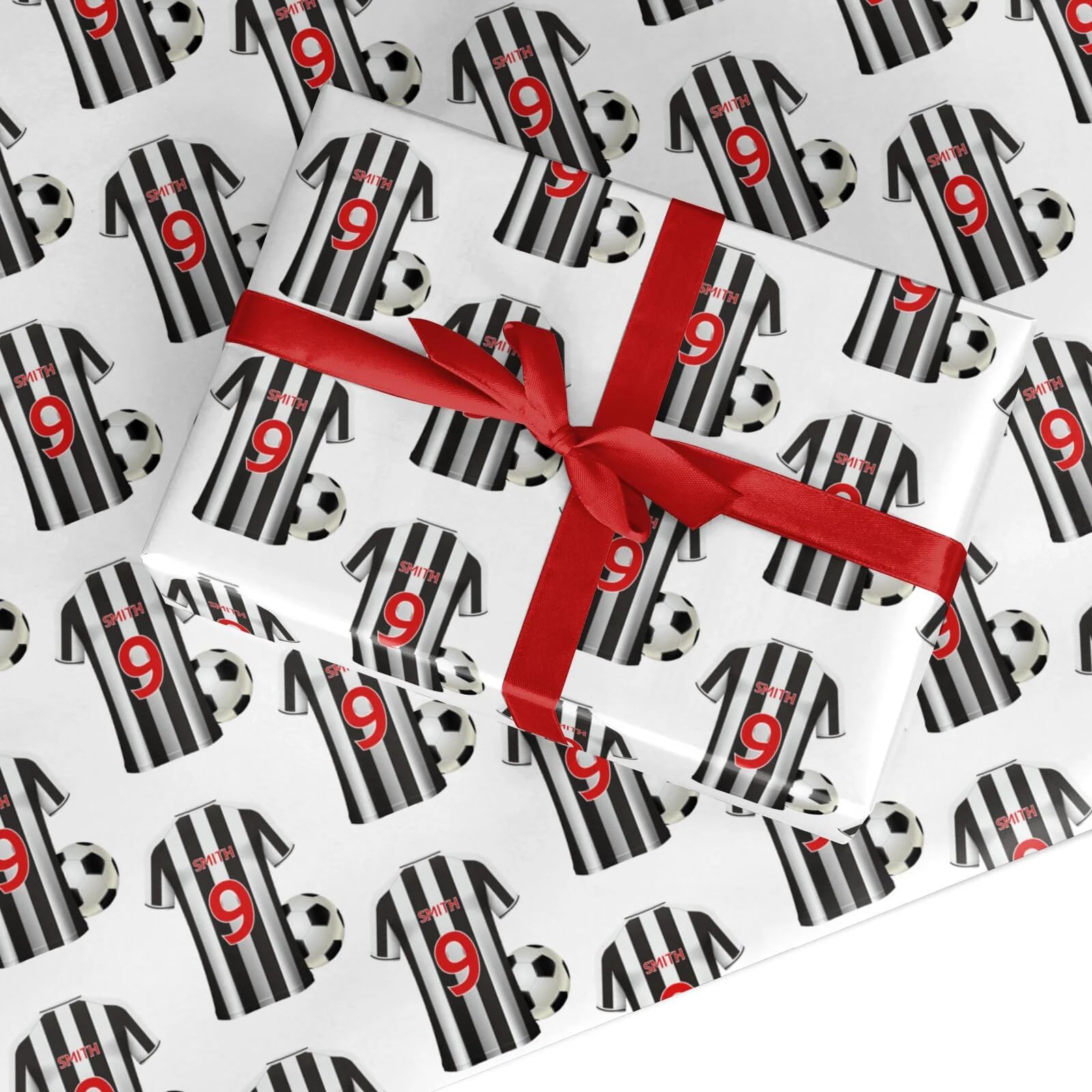 Black and White Striped Personalised Football Shirt Wrapping Paper Custom Birthday Gift Wrap - For Him Mens Dad Father's Day Christmas Boys Kids Adult - Any Name & Number - 1 Sheet (50cm x 65cm) โ image 1
