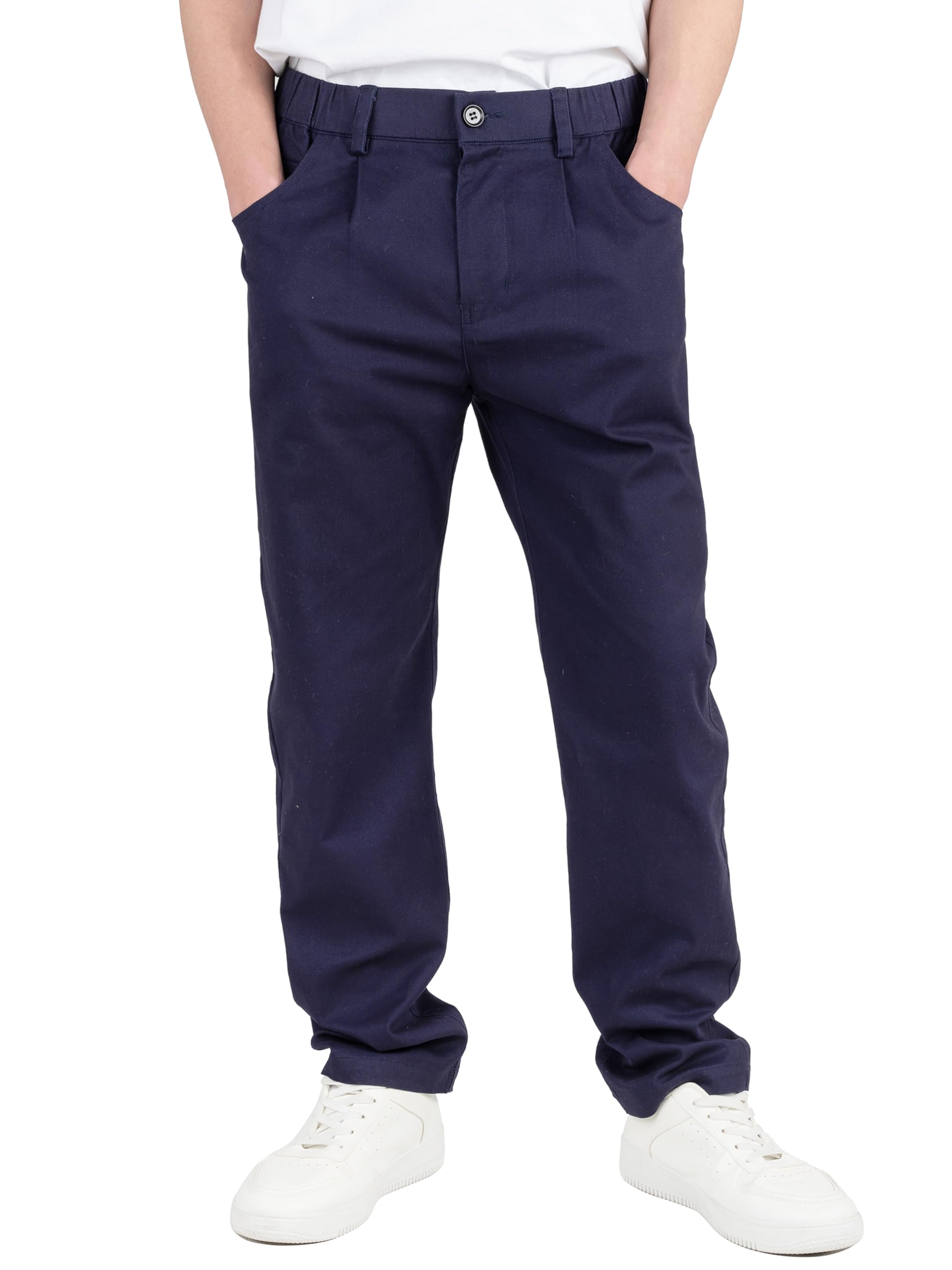 CAMLAKEE Kinder Chinohose Jungen Chino Stoff Hose mit Gummizug Reißverschluss Straight Fit Jungshose Navy DE: 164-170 (Herstellergröße 170)