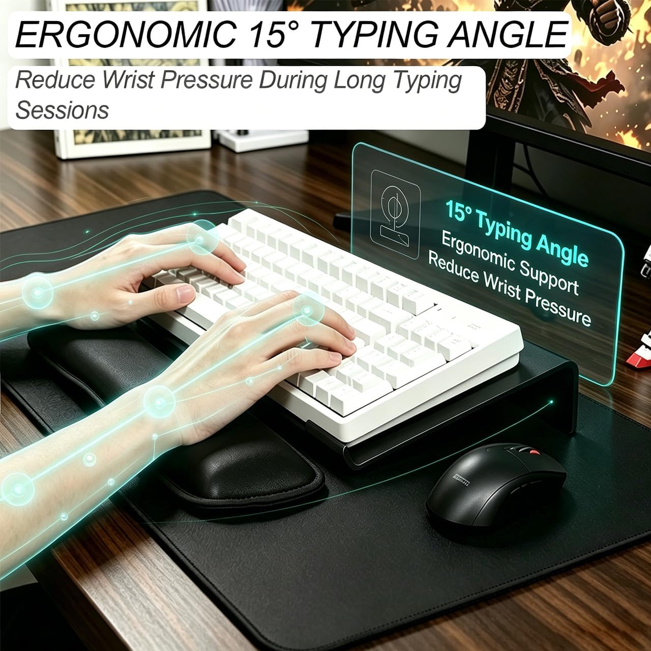 Keyboard Stand for Desk, 17 Inch Clear Ergonomic Keyboard Riser with Wrist Rest, Anti-Slip Silicone Strips, Sturdy Computer Keyboard Lift for Office Home Gaming Typing （Black） image 3