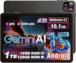 10 Inch Android Tablet, Android 15 with 18GB RAM + 128GB ROM (1TB Expandable), Octa-Core, 1280x800 IPS HD Touchscreen, 5MP+8MP Dual Camera, 6000mAh, Tablet with Face Unlock, Gaming, Widevine L1