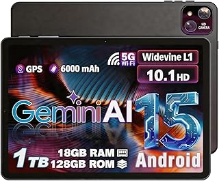10 Inch Android Tablet, Android 15 with 18GB RAM + 128GB ROM (1TB Expandable), Octa-Core, 1280x800 IPS HD Touchscreen, 5M