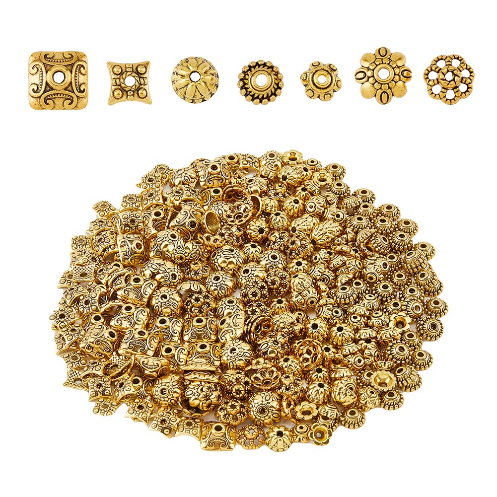 DICOSMETIC 420pcs 7 Styles Tibetan Flower Bead Caps Antique Golden Bead Caps Alloy End Charm Caps Vintage Bead Caps Spacers Assortment for DIY Earrings Bracelets Jewelry Making