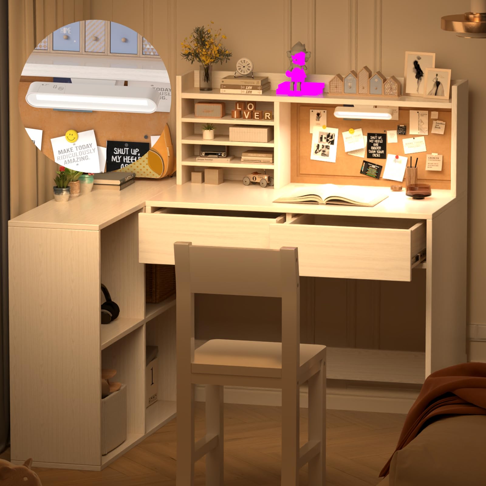 NKUGCFC Kids Desk and Chair Set, 41" x 31" White Study Desk with LED Lights, Storage Drawers & Bulletin Board, Corner Desk for 5-12 Year Old Boys Girls