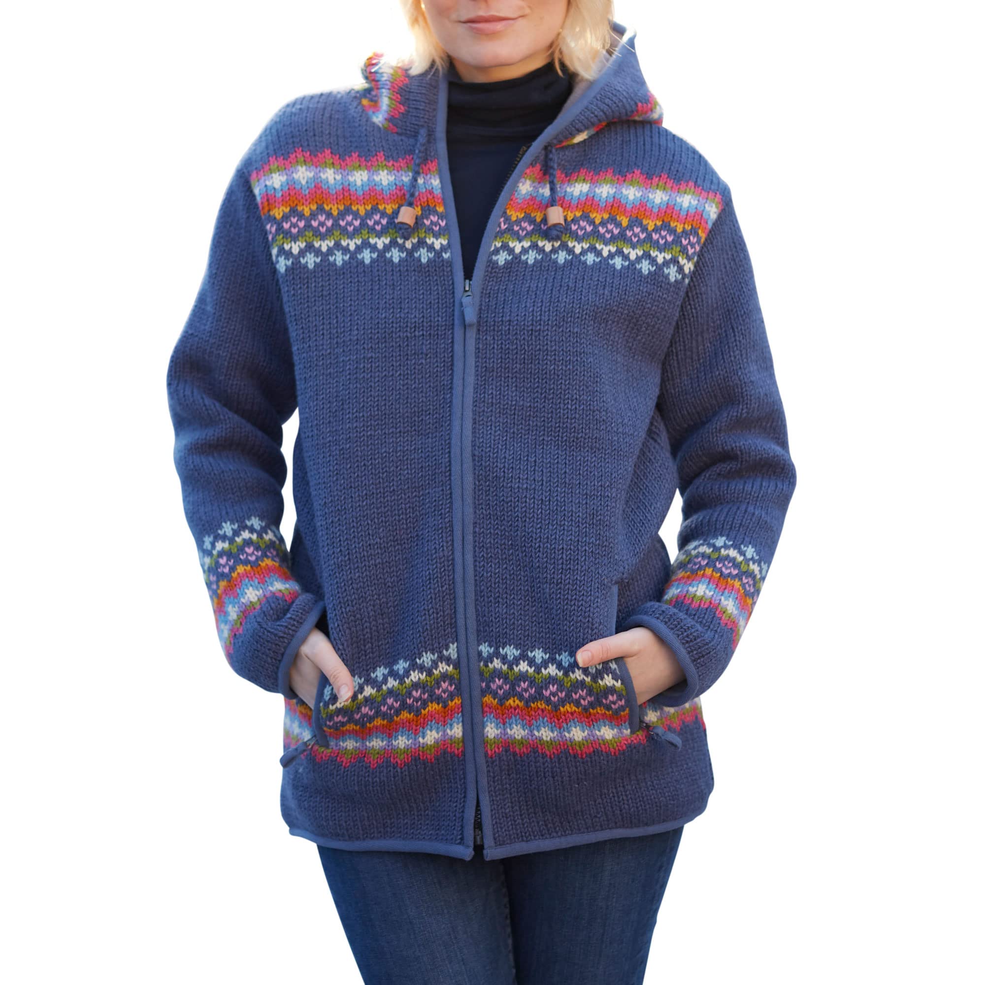 Pachamama Women Wool Zipped Hoody Fleece Lined Handknitted Fair Isle Denim Multicoloured Handmade Extra Warm Hoodie Fair Trade (as8, alpha, l, regular, regular)