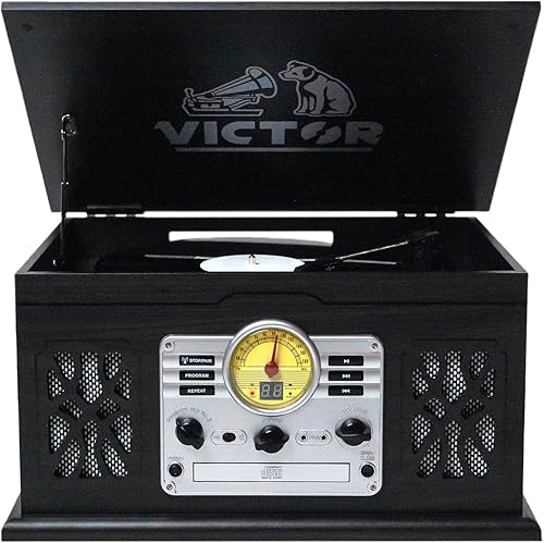 VICTOR Centro de música de tocadiscos 7 en 1 con reproductor de grabación de 3 velocidades, reproductor de CDMP3casete, radio FM, entrada y salida