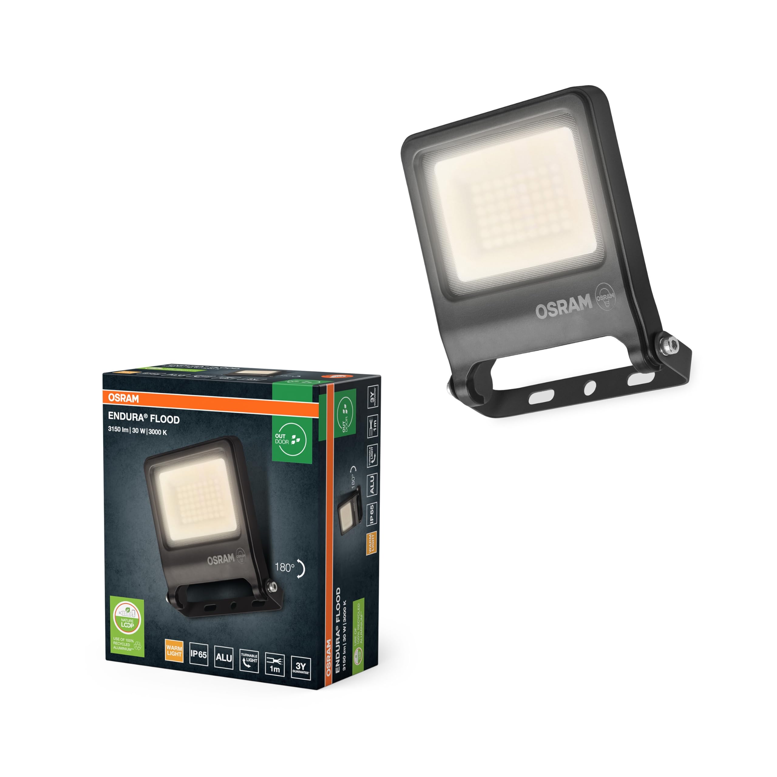 Osram ENDURA FLOOD PC 30W LED-Fluter, 3000K warmweiß, 3000 Lumen, IP65 Flutlicht umweltfreundlich, 110° Lichtwinkel, 100 lm/W, Grau
