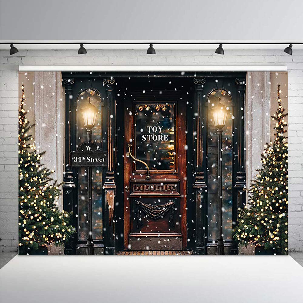 MEHOFOND 10x7ft Retro Christmas Toy Story Street Photography Background Winter Snowflake Xmas Tree Child Portrait Backdrops Vintage Lamp Christmas Holiday Party Photo Banner Props