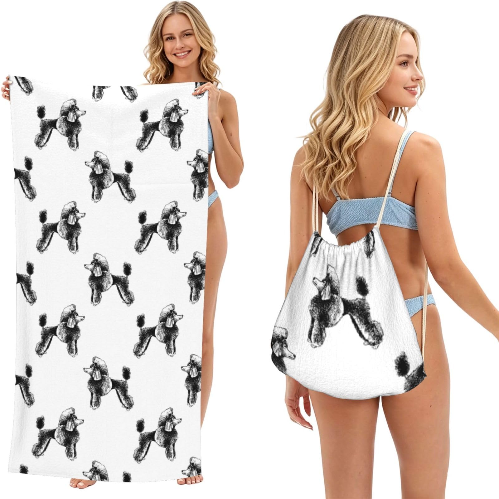 Poadnly As Picture Hand Drawn Poodles, 2 In 1 Packable Towel Bag, Beach Towels With Drawstring Backpack For Travel Holiday Camping
