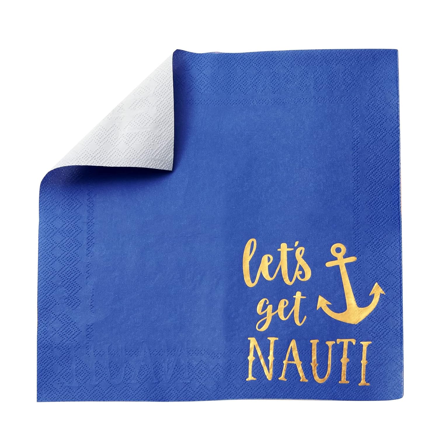 50 Pack Blue Nautical Napkins for Let's Get Nauti Bachelorette Party Decorations, Gold Foil Anchor (5 x 5 In)