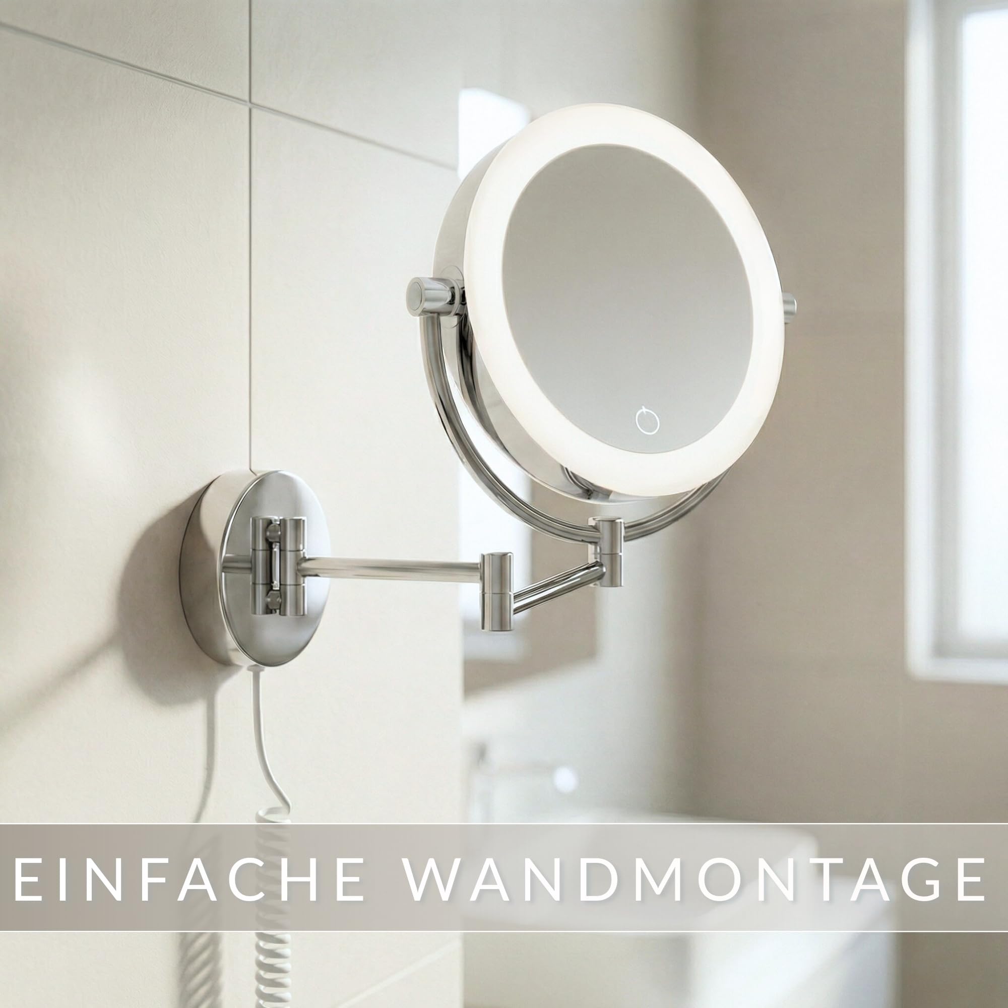 Kosmetikspiegel XXL Tokio – LED Wand-Schminkspiegel mit Dimmerfunktion, Auto-Off, 5x/10x Vergrößerung und extra großer Spiegelfläche [Energieklasse E]