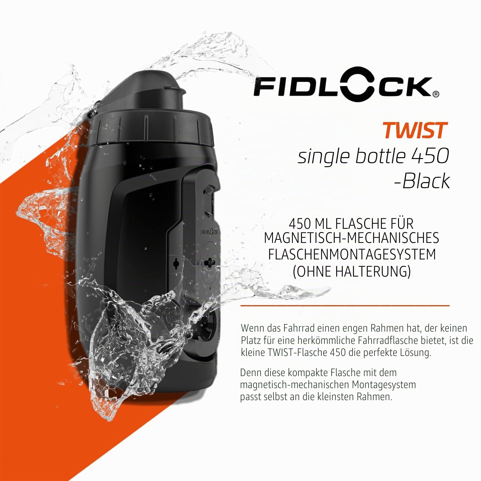 FIDLOCK Twist Einzelflasche 450ml Schwarz mit Drehanschluss (ohne Fahrradboden) Magnetischer Fahrrad Flaschenhalter mit BIcycle Getränkehalter
