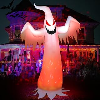 8FT Halloween Inflatables White Ghost with Rotating Flame Light Outside Scary Blow Up Yard Halloween inflatables Outdoor Decorations for Holiday Party Garden Lawn Decor