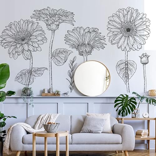 Miniatura 4 de Calcomanías de pared de flores grandes para despegar y pegar, calcomanías de margaritas blancas y negras, calcomanías de pared florales para