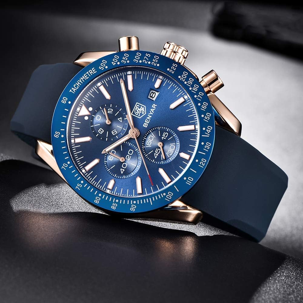 BENYAR Watch for Men Analog Quartz Chronograph Waterproof Luminous Designer Mens Wrist Watches Business Work Sport Casual Dress Watch with Silicone Strap Elegant Gifts for Men
