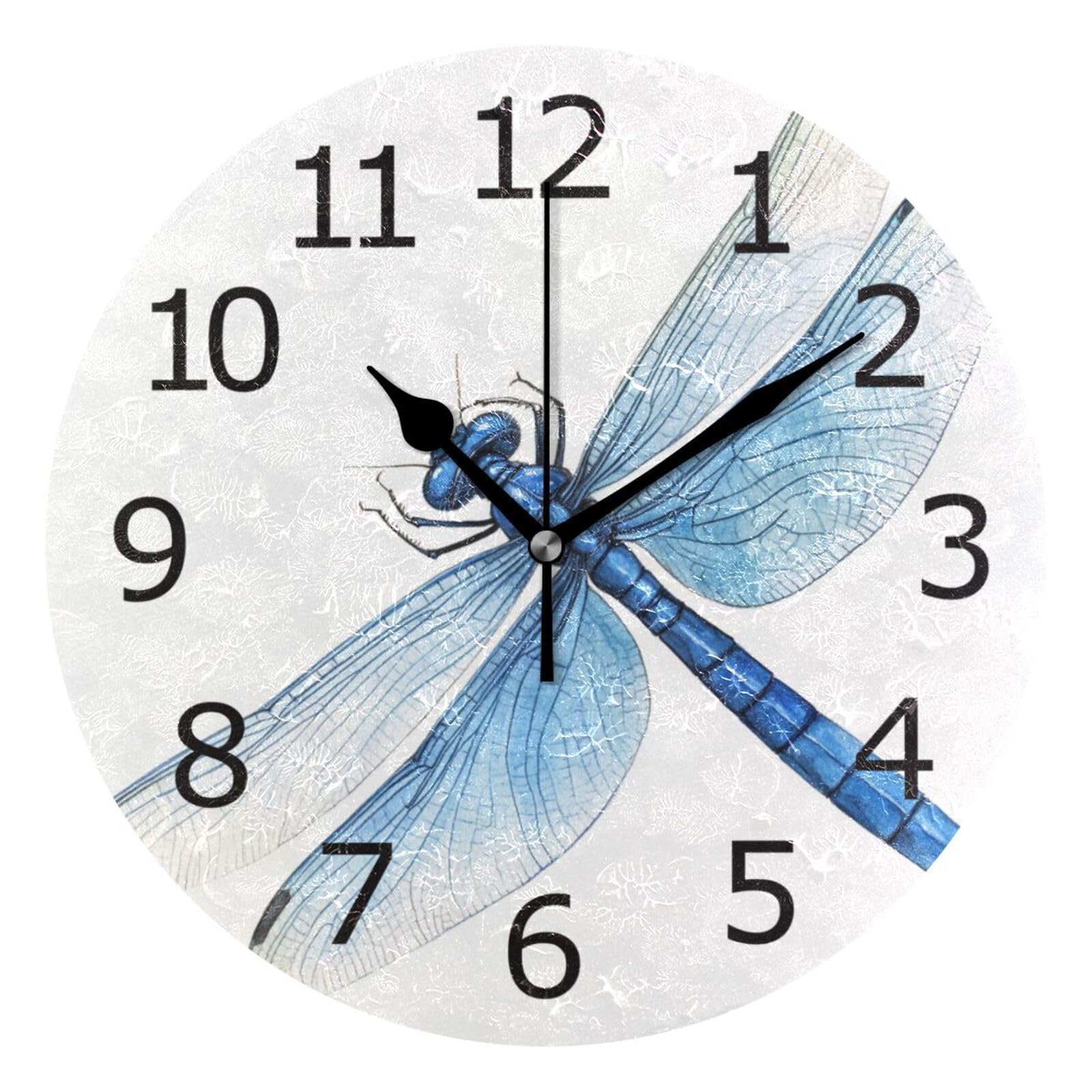 Horloge murale ronde libellule bleue aquarelle de 25cm pour la décoration de chambre