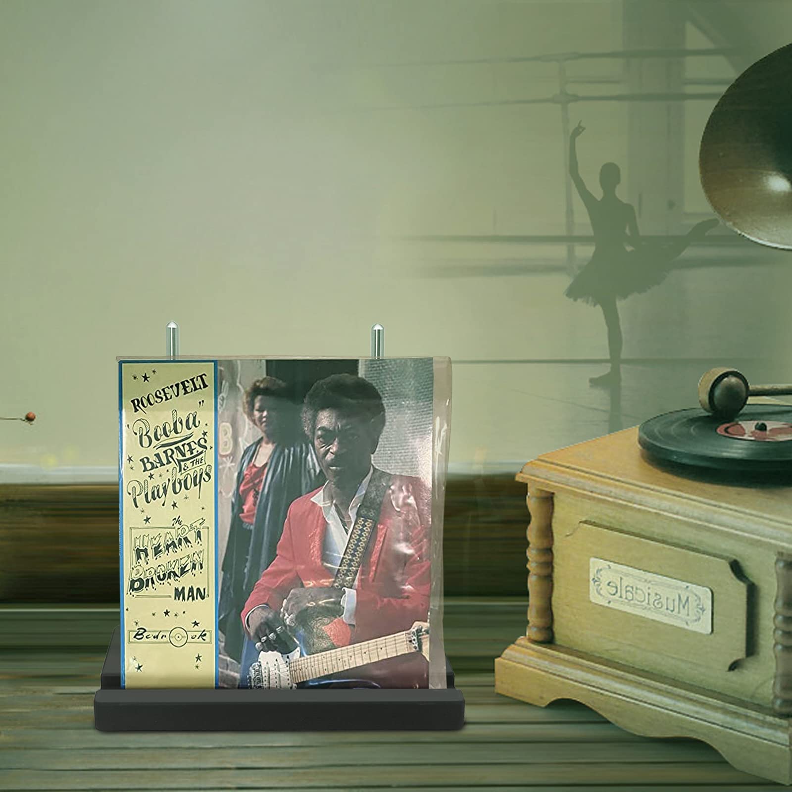 KAZAKA Exhibición de grabación de mesa – Ahora jugando vinilo Record Stand – Moderno y atractivo – Compacto y de acero inoxidable – sostiene 2 puertas gruesas de LP's de forma segura (negro)