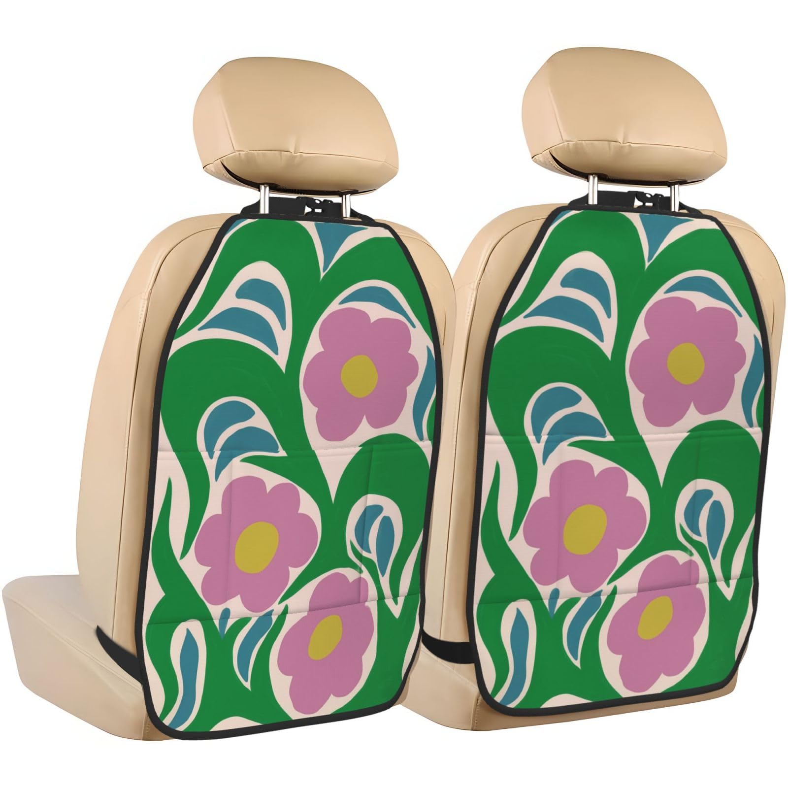 Abstract Blue Flowers Aesthetic Car Seat Back Kick Protectors,2 Pack Kick Mats with Storage Pockets for Vehicles to Protect from Dirt Mud Scratches