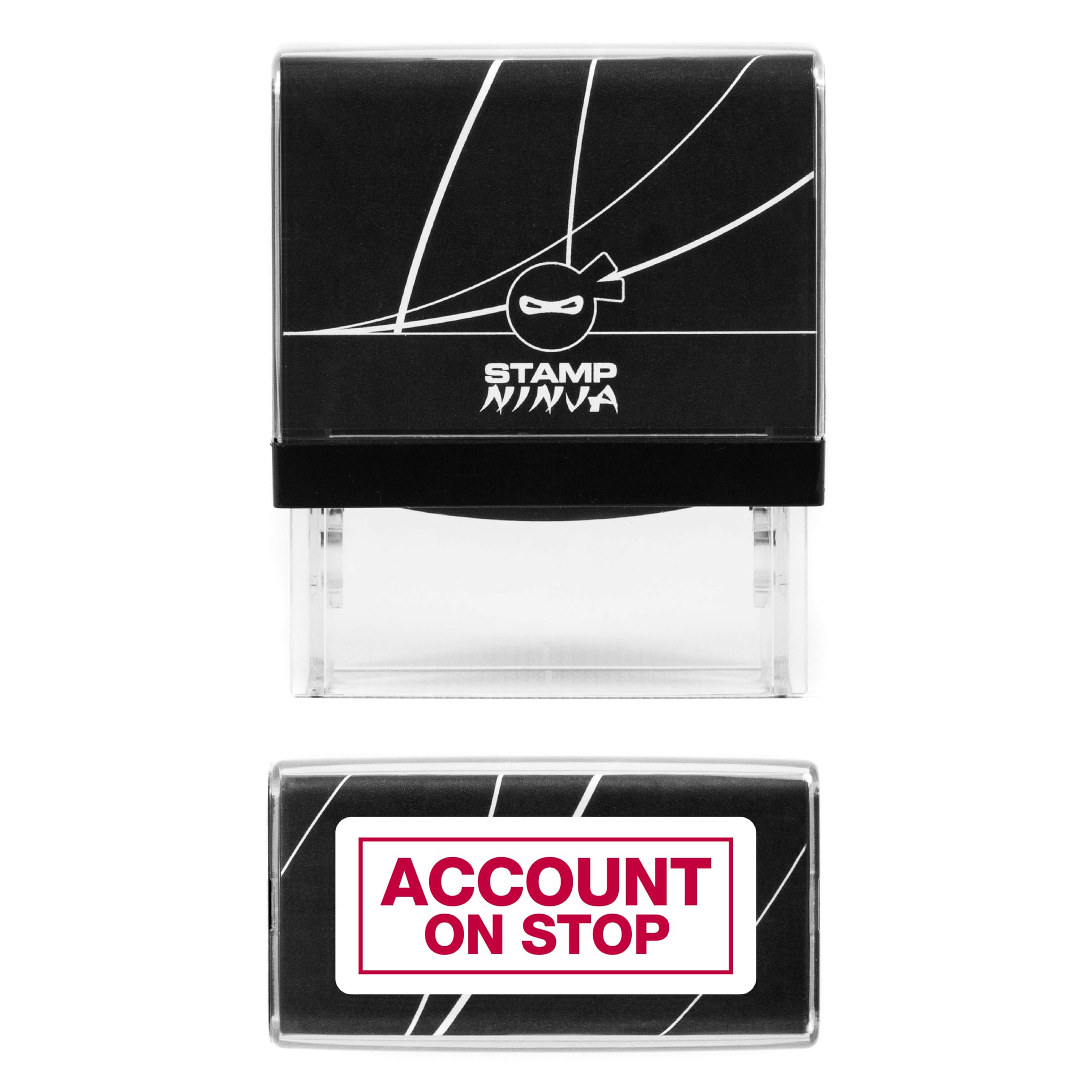 Accounts Self Inking Rubber Stamp Red Ink - Overdue - Final Notice - On Stop - Please Remit Etc - Red Ink (Account On Stop - with Border)