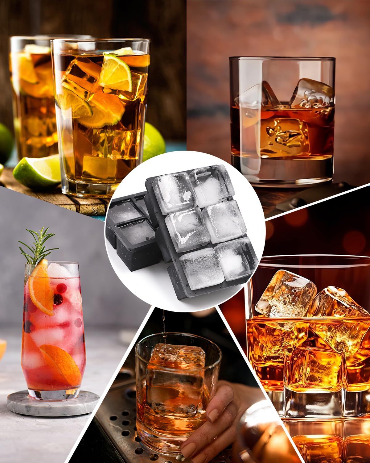 LUCKEA 2 duże silikonowe pojemniki na kostki lodu XXL z pokrywką, 6 przegródek, bez BPA, do schłodzonych napojów, whisky, koktajli
